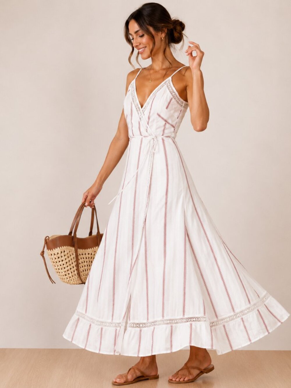 Reformation 100% Linen White Red Stripe Wrap Maxi Dress M Cottagecore Boho